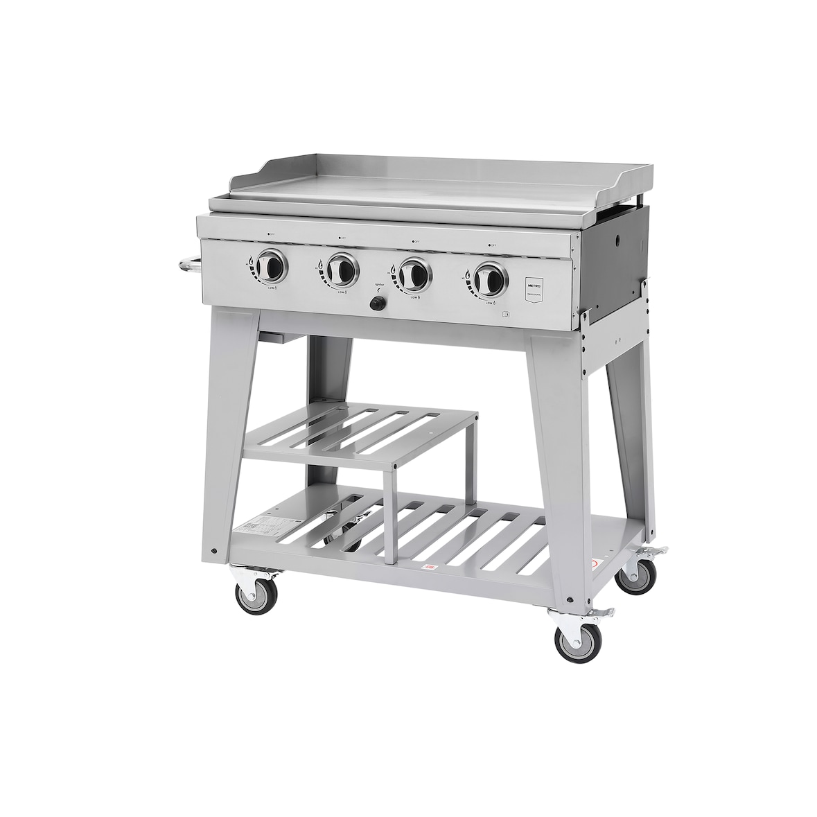 METRO PROFESSIONAL Barbecue a gas con 4 bruciatori e plancha, 85 × 50 cm, telo di copertura, con ruote, acciaio inox, argento