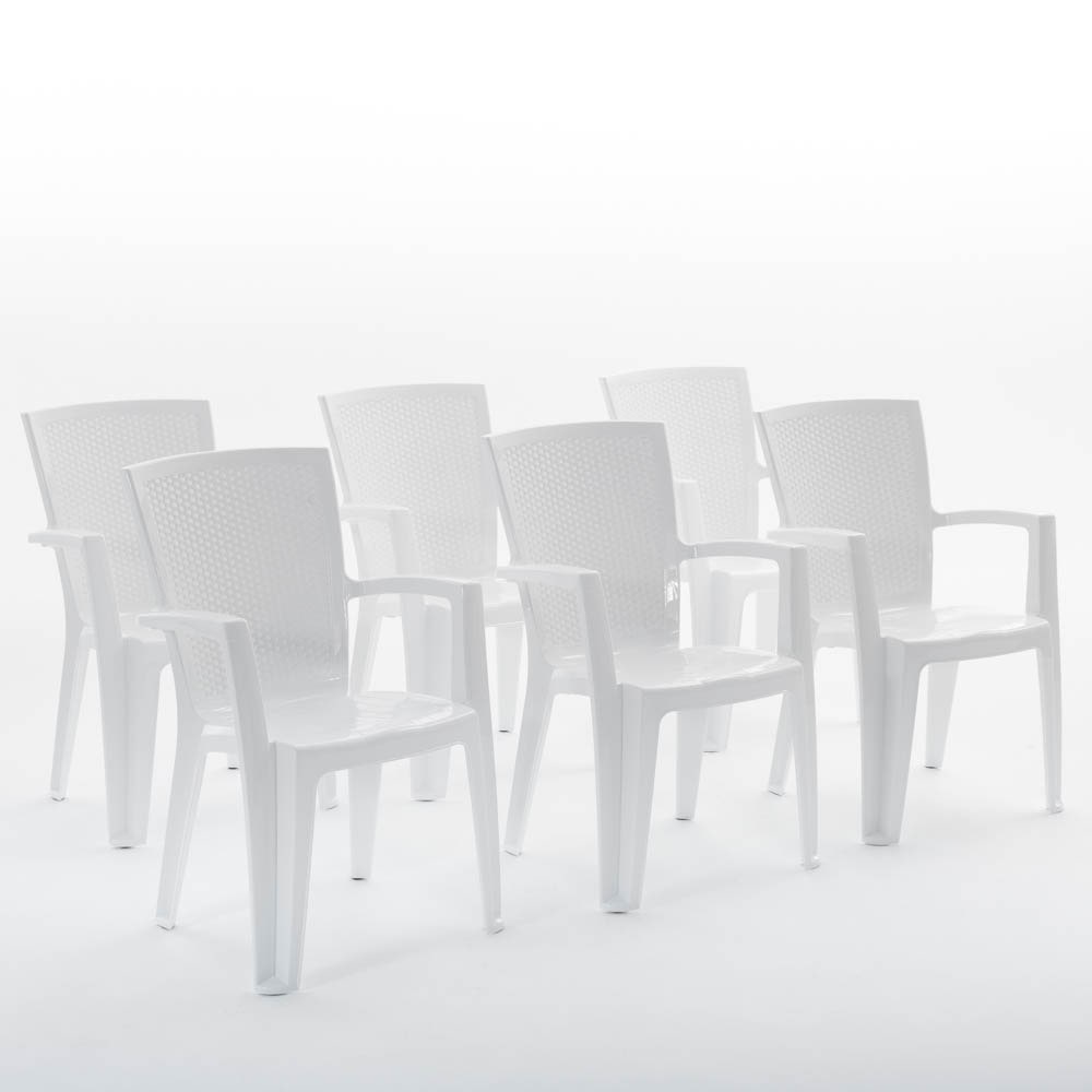 Set de 6 chaises monobloc en polypropylène avec fibre de verre, effet rotin, empilables pour extérieur et jardin, bar et restaurant - Diana - Blanc