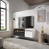 Un mueble multimedia moderno con chimenea y TV.