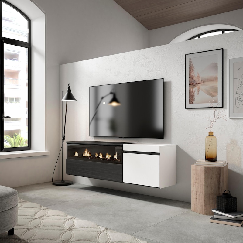 Un mueble multimedia moderno con chimenea y TV.