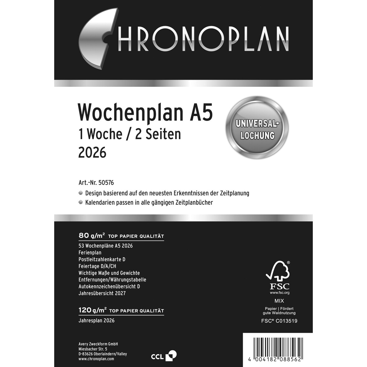 Chronoplan 50576 Wochenplan, A5, 2026, Weiß, 148 x 210 mm, Inhalt: 63 Blätter / 1 Stück
