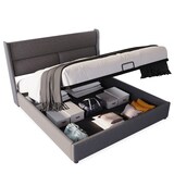 thumbnail of Polsterbett 160×200 mit verstellbarer Kopfstütze, Stauraum unter der Matratze, Leinenbezug, Massivholz- und Metallrahmen, Grau