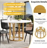 thumbnail of Esstisch Set 5 teilig rund Gold 100x100x74 cm mit 4 Polsterstühlen Leinenbezug, MDF Tischplatte in Marmoroptik, Metallgestell