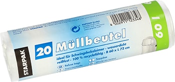 20 Müllbeutel, HDPE 60 l 72 cm x 60 cm transparent