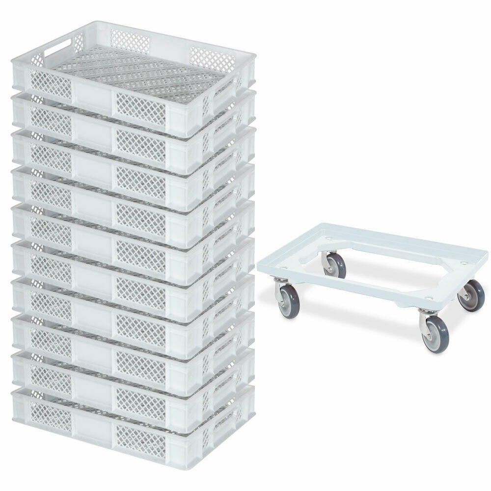 10 Euroboxen / Bäckerkiste, LxBxH 600x400x90 mm, weiß + Transportroller