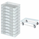 thumbnail of 10 Euroboxen / Bäckerkiste, LxBxH 600x400x90 mm, weiß + Transportroller