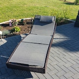 thumbnail of Sonnenliege Savannah, Relaxliege Gartenliege Liege, Poly-Rattan ~ braun-meliert, Bezug grau
