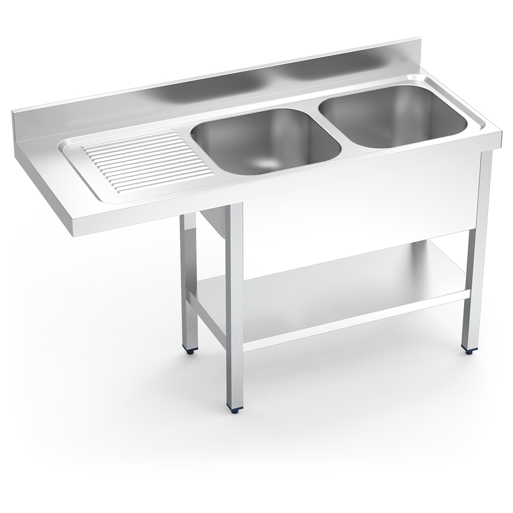 Fregadero para lavavajillas dos cubas, escurridor en la izquierda 1600x600x890 mm.