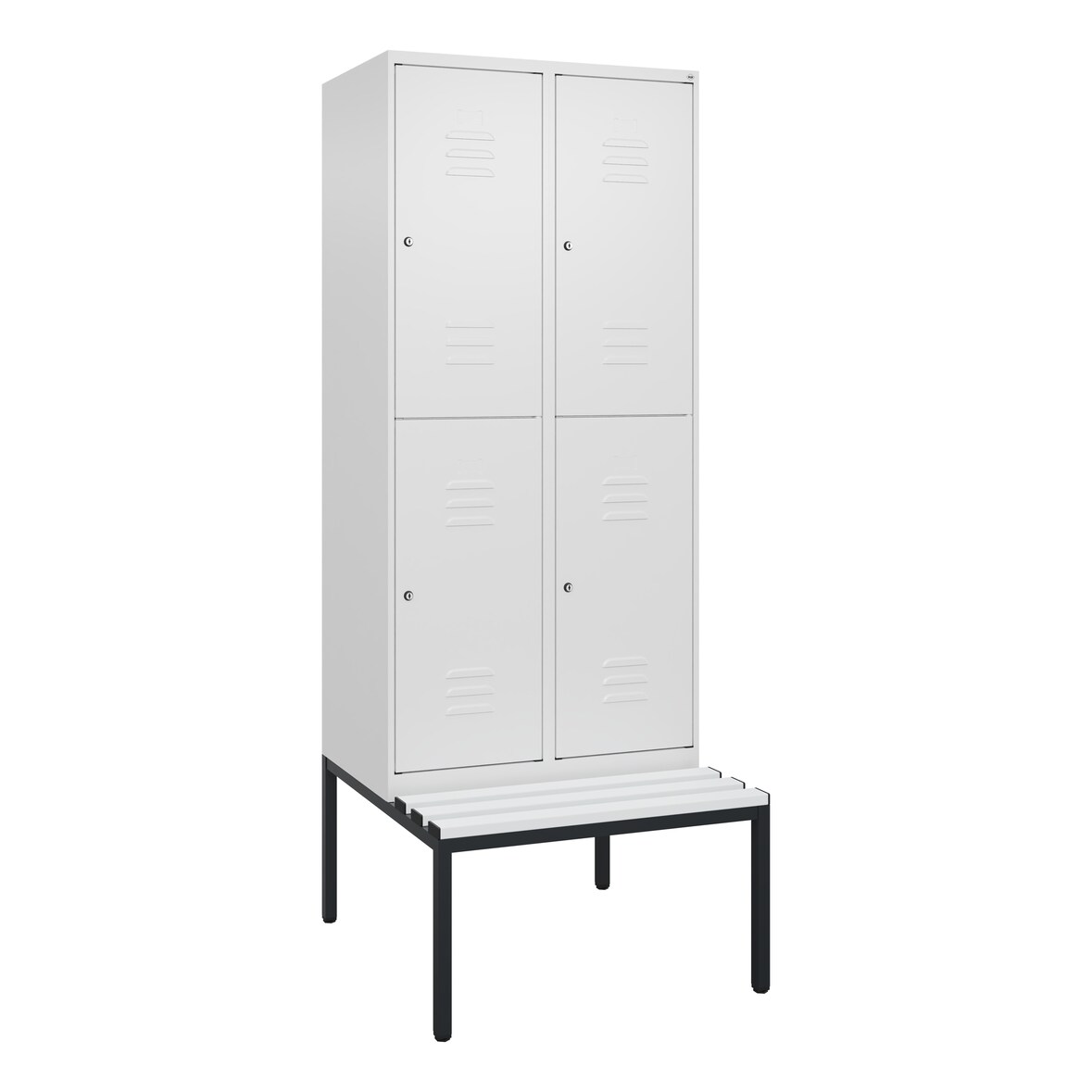 C+P Spind Classic PLUS, Kunststoff untergebaute Sitzbank, 4 Abteile, HxBxT 212x80x82cm, Zylinderschloss, Verkehrsweiß von PROREGAL