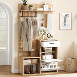 thumbnail of Flur Schuhbank Mit Spiegel Hochglanz Sitzbank Garderobenschrank Klapptüren Aufbewahrung Weiß Holzoptik 100x38.5x190cm