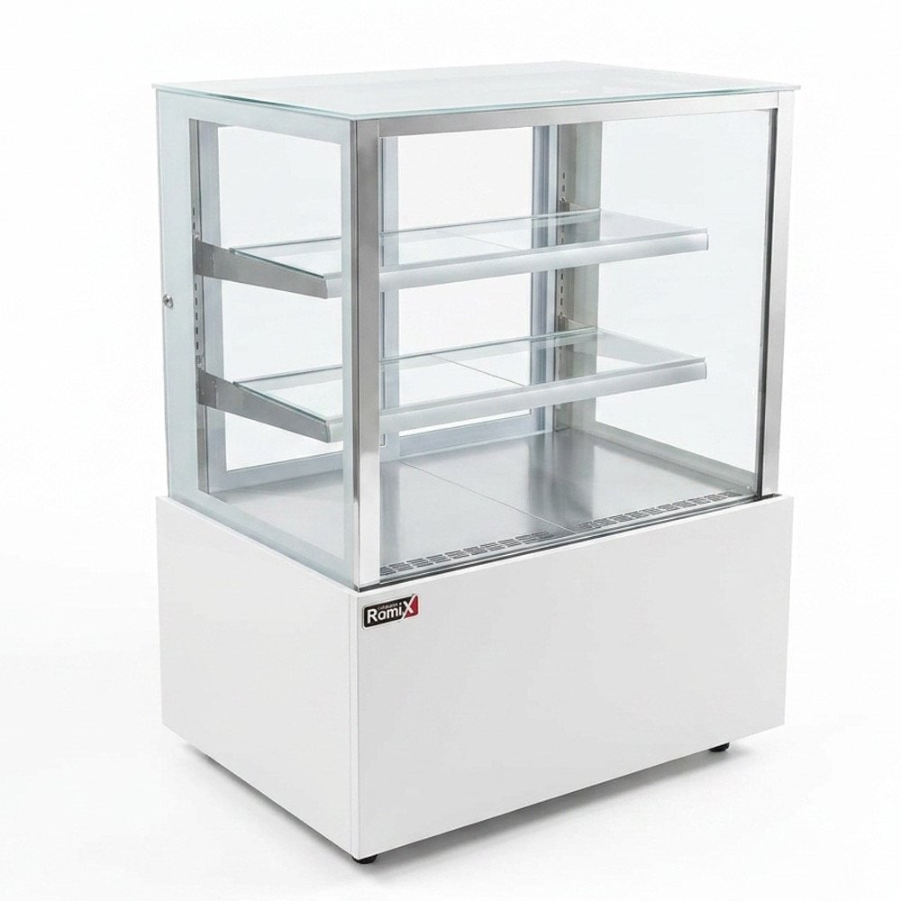 Romux® Kühlvitrine für Konditorei Quadratisch Standgerät 2 Böden Weiß 300 Liter Umluftkühlung | Kühlvitrine Gerade Glasscheiben