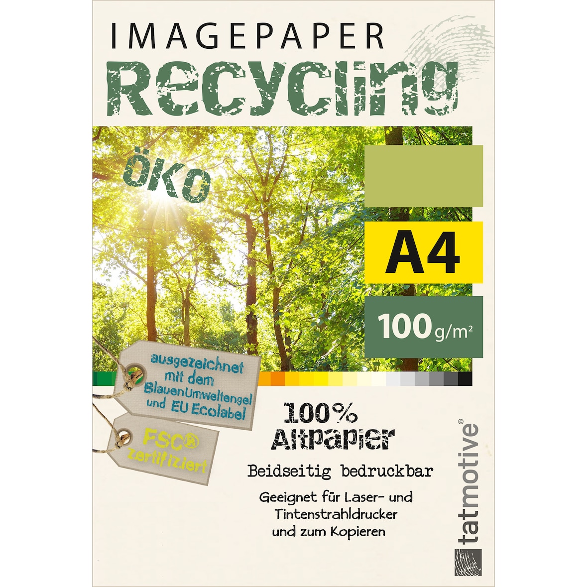 TATMOTIVE Imagepaper Recyclingpapier Öko 100g/qm DIN A4, FSC zertifiziert, geeignet für alle Drucker, 2000 Blatt Kopierpapier Druckerpapier nachhaltig