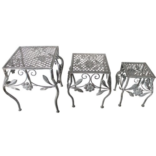 Hocker Set 3tlg. Gartendekoration Eisenhocker Pflanzenständer Blumenhocker Grau Antik : Grau