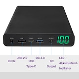 thumbnail of XORO MPB 3000 Mobile Powerbank, 30.000mAh Li-Ionen Technologie, USB 2.0 und USB 3.0 Anschluss, TYP-C Anschluss, 12/16/19 Volt Anschluss, Statusanzeige