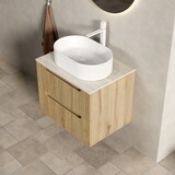 thumbnail of Badezimmer-Waschtisch 60x46x62 Ovales Keramikbecken Sintersteinplatte Schrank Sperrholz Soft-Close Schubladen Modern Weiß+Eiche