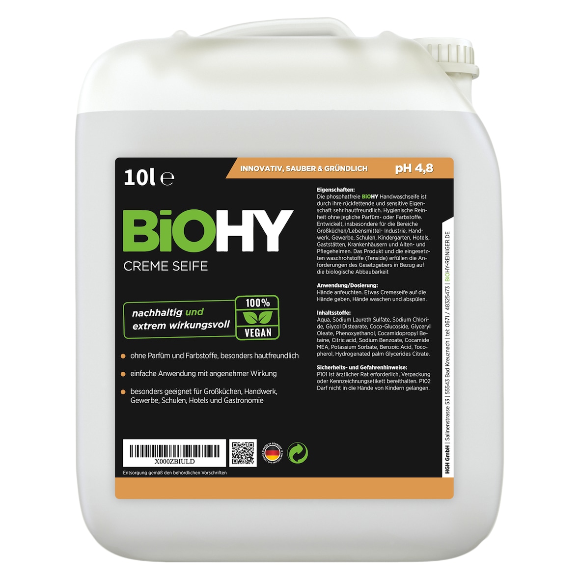 BiOHY Creme Seife (10l Kanister) | Hautschonende, rückfettende und geruchsneutrale Handseife PHOSPHATFREI | Ohne Parfüm und Farbstoffe
