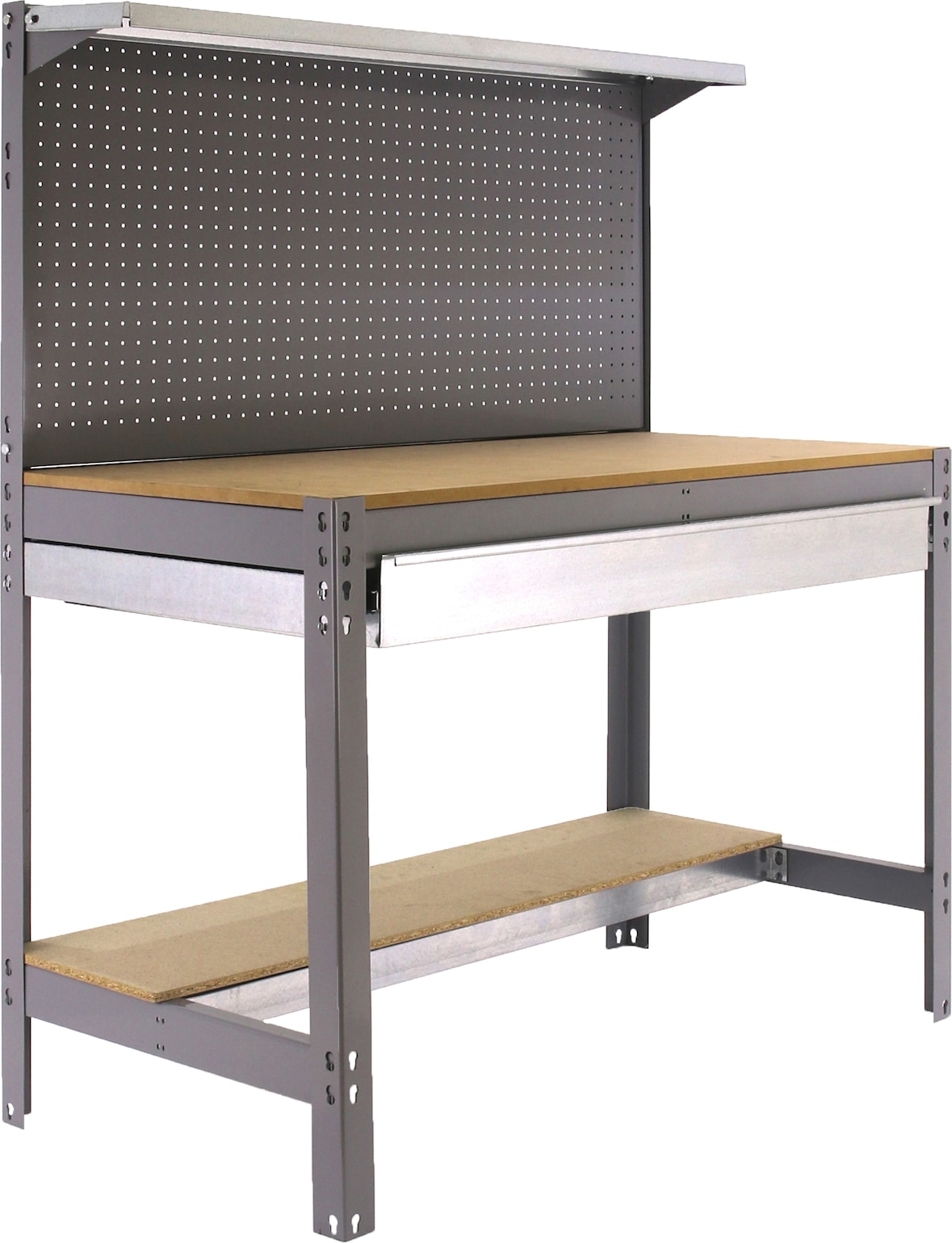 Banco da lavoro senza viti con ripiani in legno e cassetto Simonwork BT3 BOX. Colore grigio/legno 1445x910x610 mm