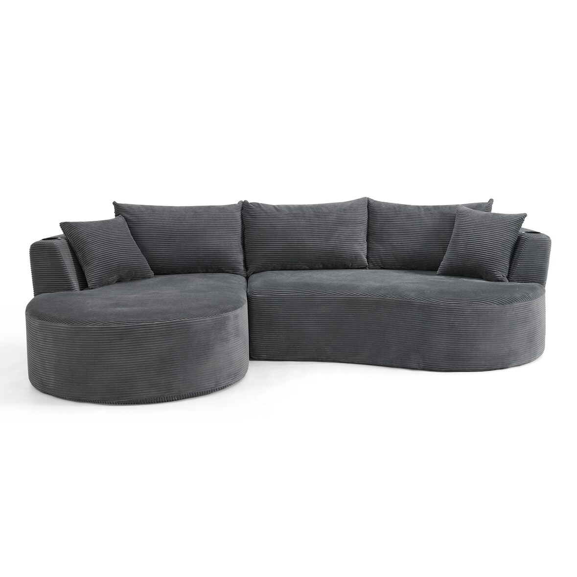 3-Sitzer Sofa mit linker Chaiselongue, Kordstoff Grau, 76×264×168 cm, mit Getränkehaltern und Kissen, vakuumverpackt, komfortabel