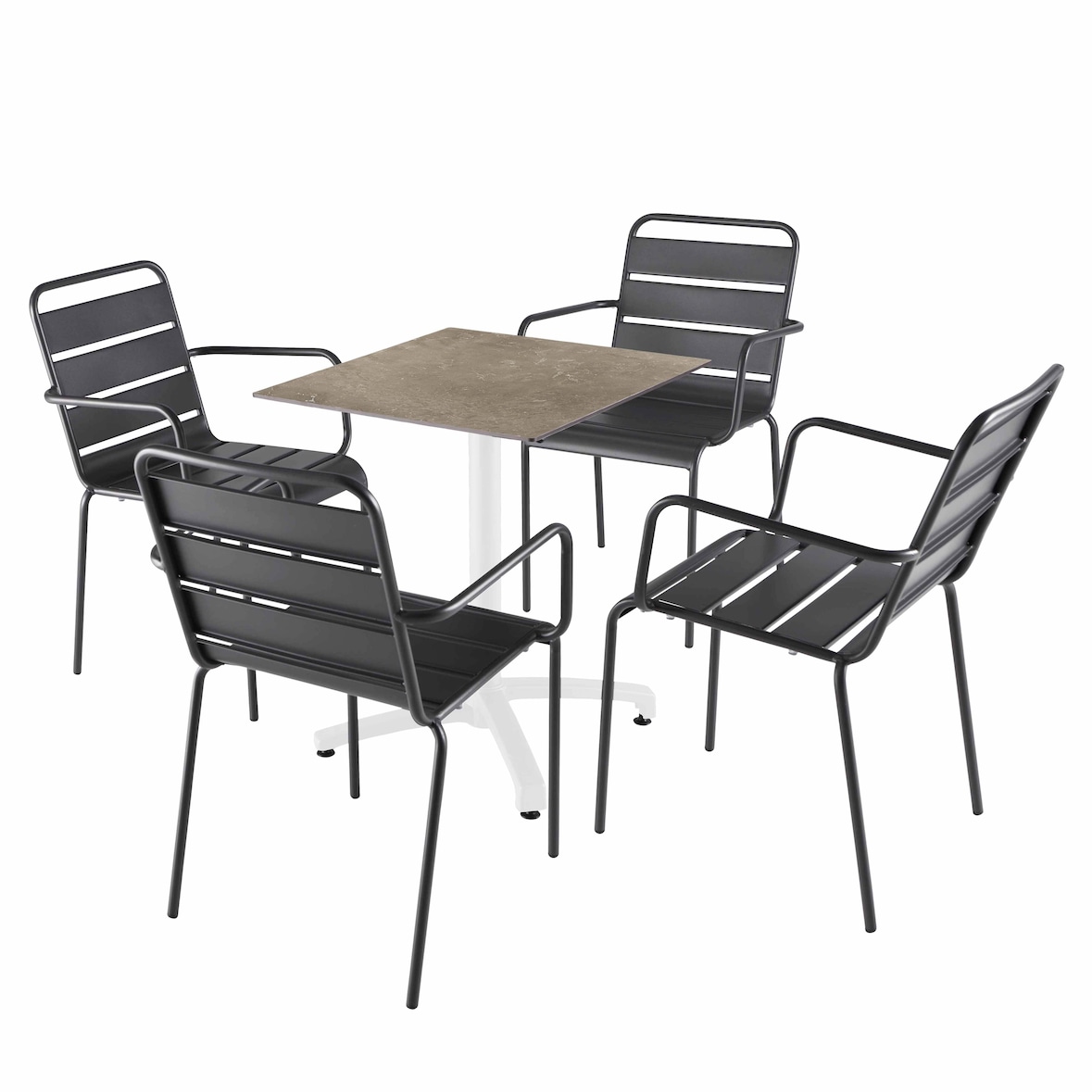 Set Tisch 60 cm Marmor beige und 4 graue Metallstühle