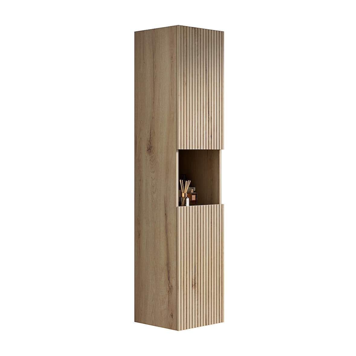 Badezimmer Wandschrank Weiß Eiche 160x35x35 cm mit 2 Türen und offenem Fach, verstellbare Einlegeböden, Sperrholz, schlankes Design
