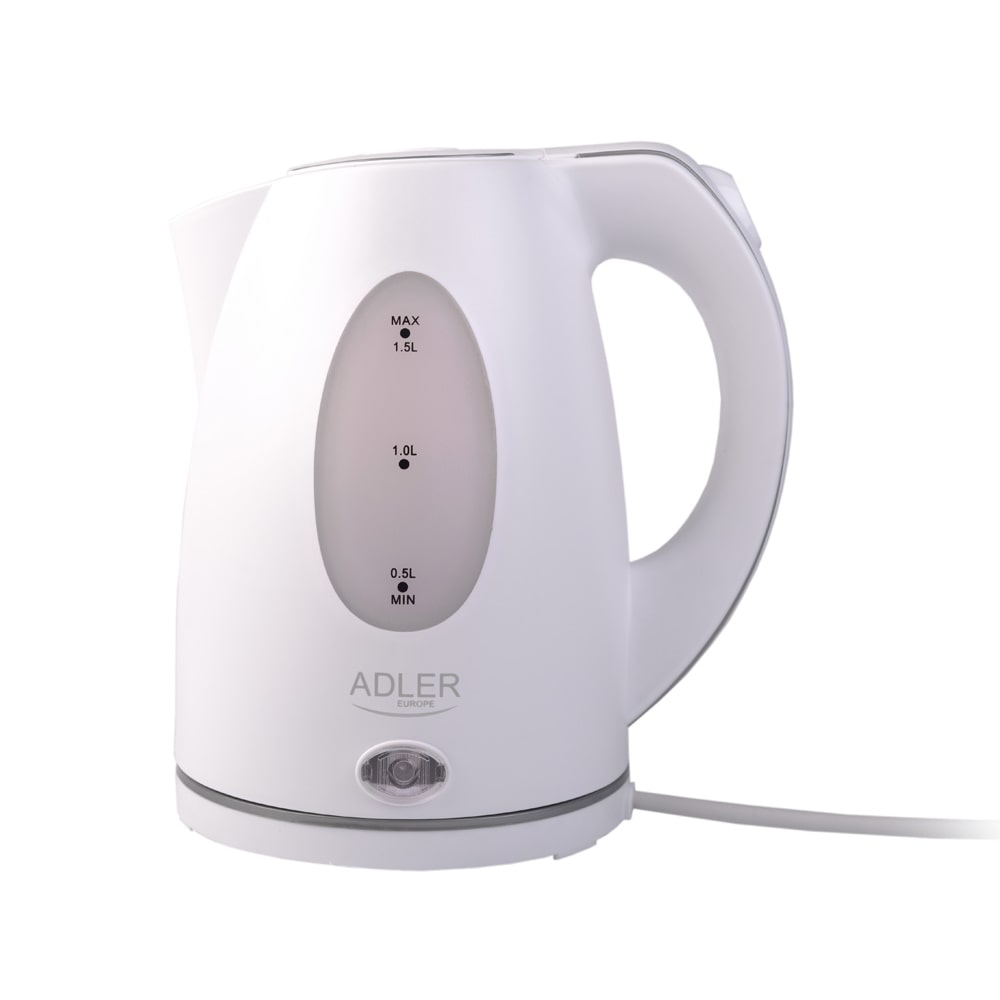 Adler AD 1207 Hervidor Agua Eléctrico, 1,5 L, Resistencia Oculta, Inalámbrico, Apagado Automático, Base 360º, Blanco, 2200W