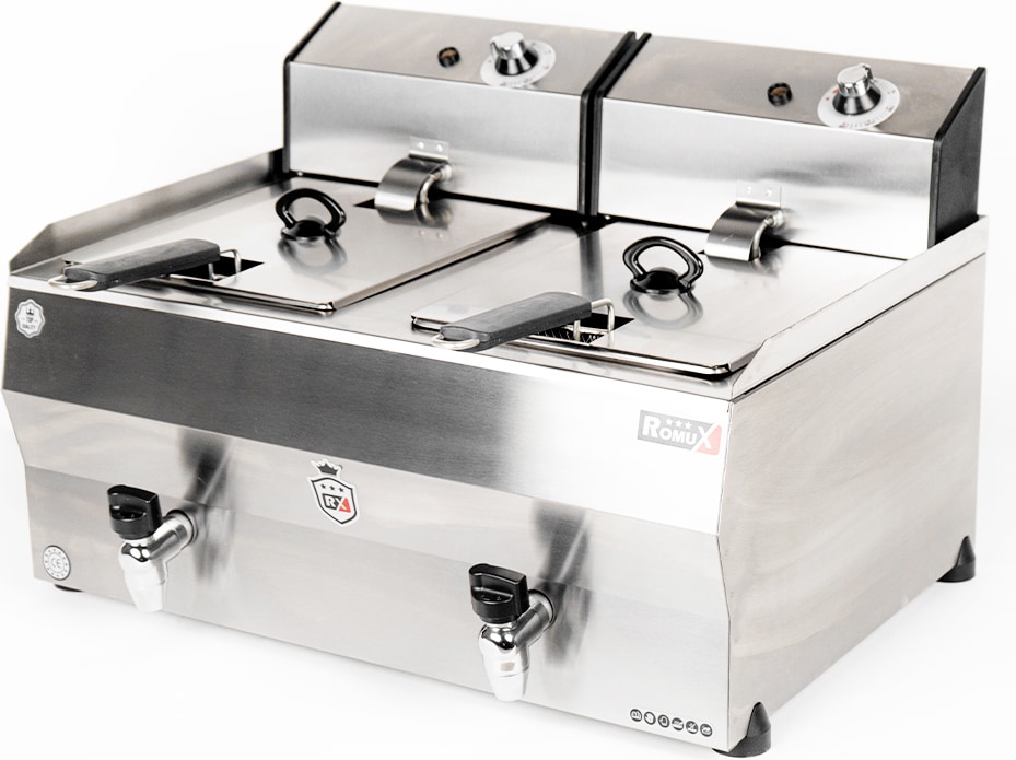 Romux® Freidora Industrial Eléctrica 10+10 Litros Doble Sobremesa con Grifo | Freidora Profesional de Aceite en Acero Inox 7000 W Termostato Calidad