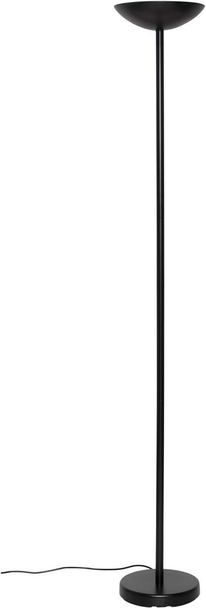 Ein schlanker schwarzer Stehlampe mit einem runden Sockel.