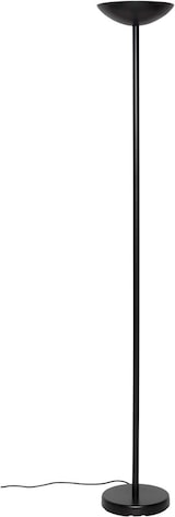 Ein schlanker schwarzer Stehlampe mit einem runden Sockel.