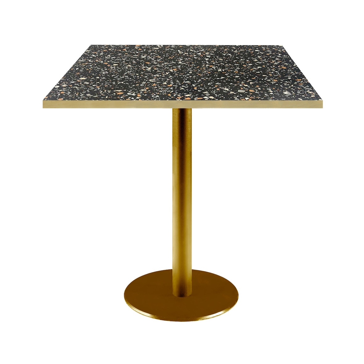 Restootab - Mesa Roma dourada, 70x70cm, chip preto terrazzo, bordas em latão