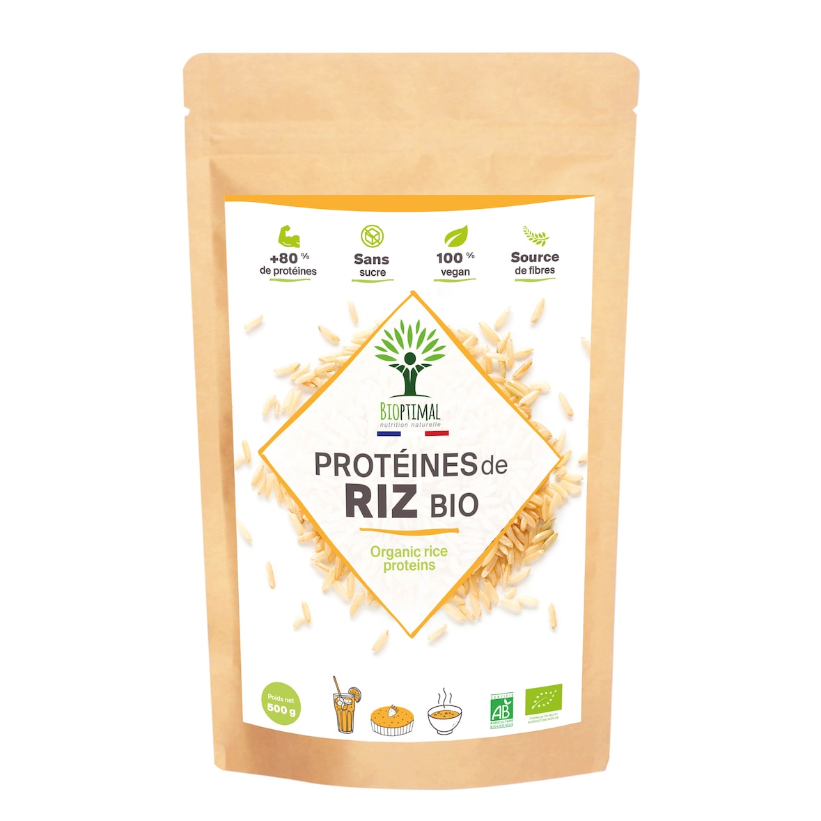 Protéine de Riz Bio - 80% de Protéines - Sport Musculation - Poudre de Riz Germé - Whey Végétale - Conditionné en France - Certifié Ecocert - 500g