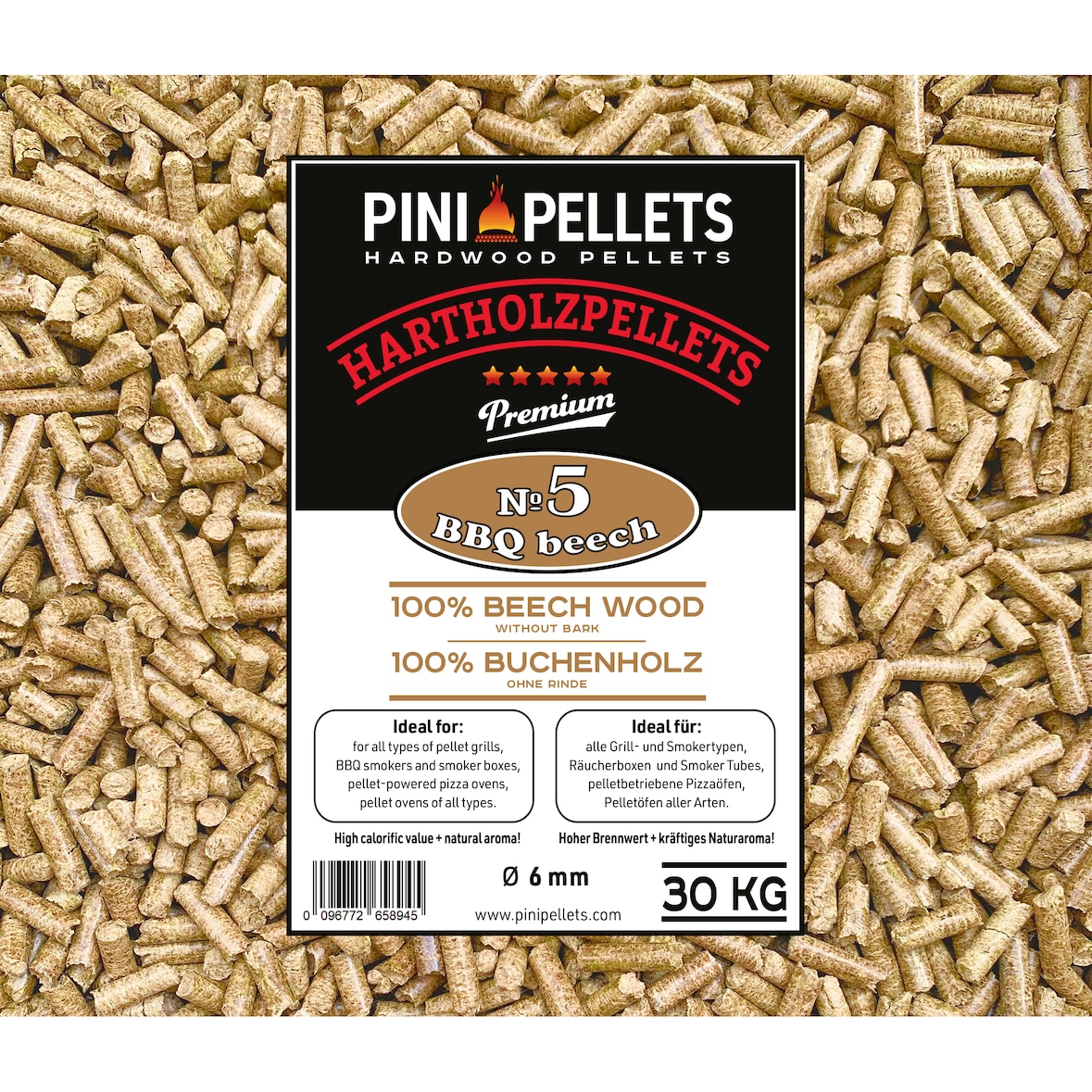 PINI Hartholzpellets 100% Buche Nr. 5 BBQ Beech 30 Kg Grillpellets zum Grillen Räuchern Smoken Heizen