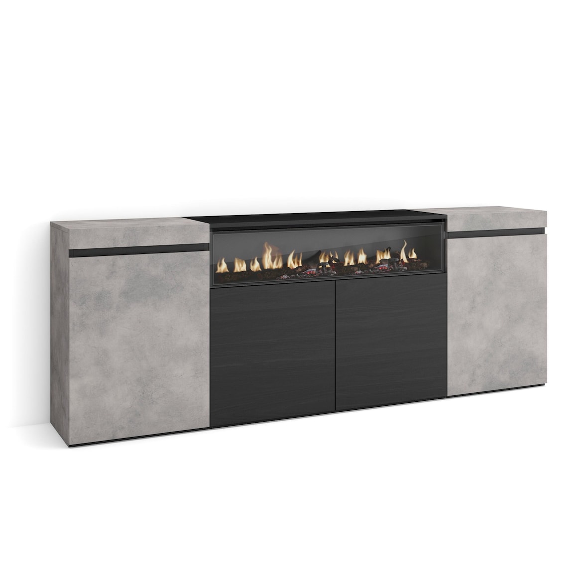 Sideboard, Schrank, Küche, Schrank, Flurmöbel, 200x35x75cm, 4 Türen, Elektrischer Kamin, Moderner Stil, Zementgrau _ 60_11