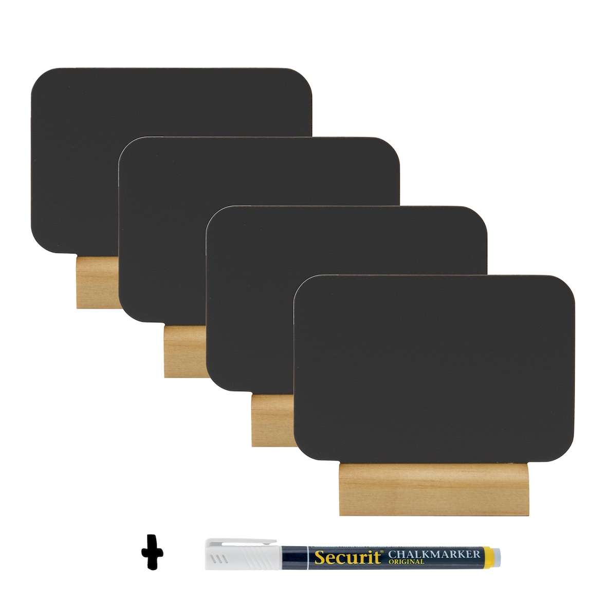 Securit® Lot de 4 Mini Ardoises de table - Silhouette Rectangle - Socle en bois - Feutre-craie inclus
