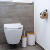 thumbnail of Badezimmer Zubehör Set aus Bambus Kunststoff in Weiß - 6 teiliges Set Zahnputzbecher Seifenschale Seifenspender Toilettenbürste Halterung Mülleimer