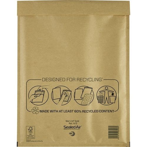 Mail Lite Luftpolster-Luftpolster-Versandtaschen H/5 Gold Ohne Fenster 270 (B) x 360 (H) mm Abziehstreifen 79 g/m² 50 Stück