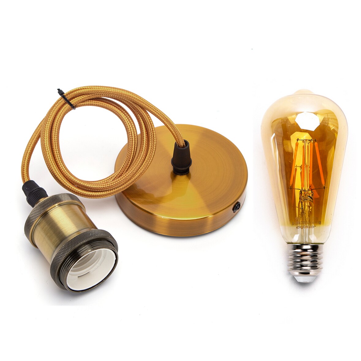 E27 Vintage Lampenfassung mit kabel Metall Nostalgie Retro inkl. LED Leuchtmittel Gold