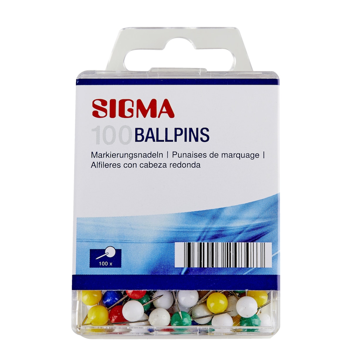 SIGMA Alfinetes de cabeça redonda, poliestireno/metal, Ø 7 mm, várias cores, 100 unidades