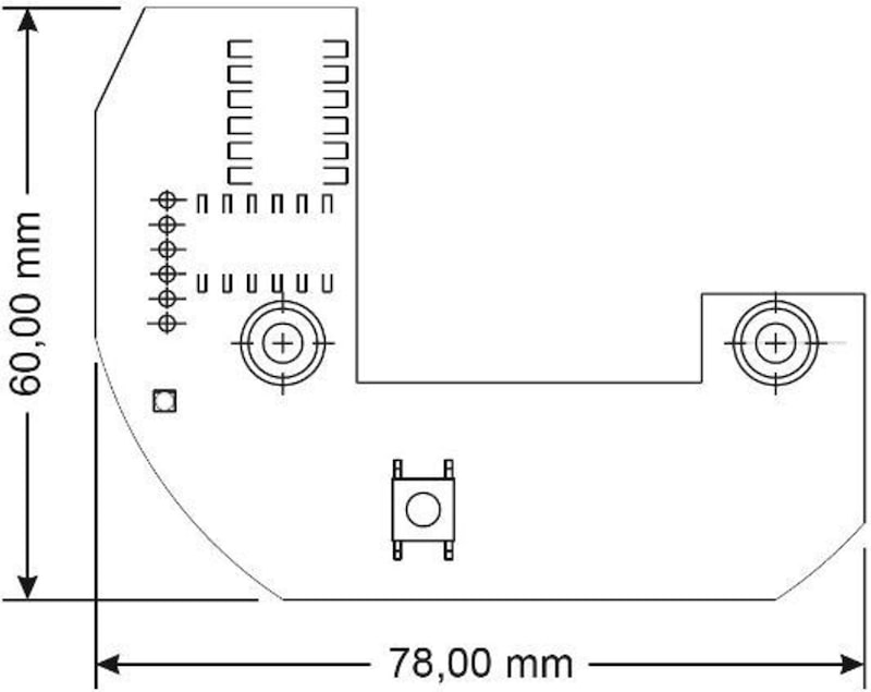 Ein L-förmiges Leiterplattenlayout mit Befestigungslöchern.