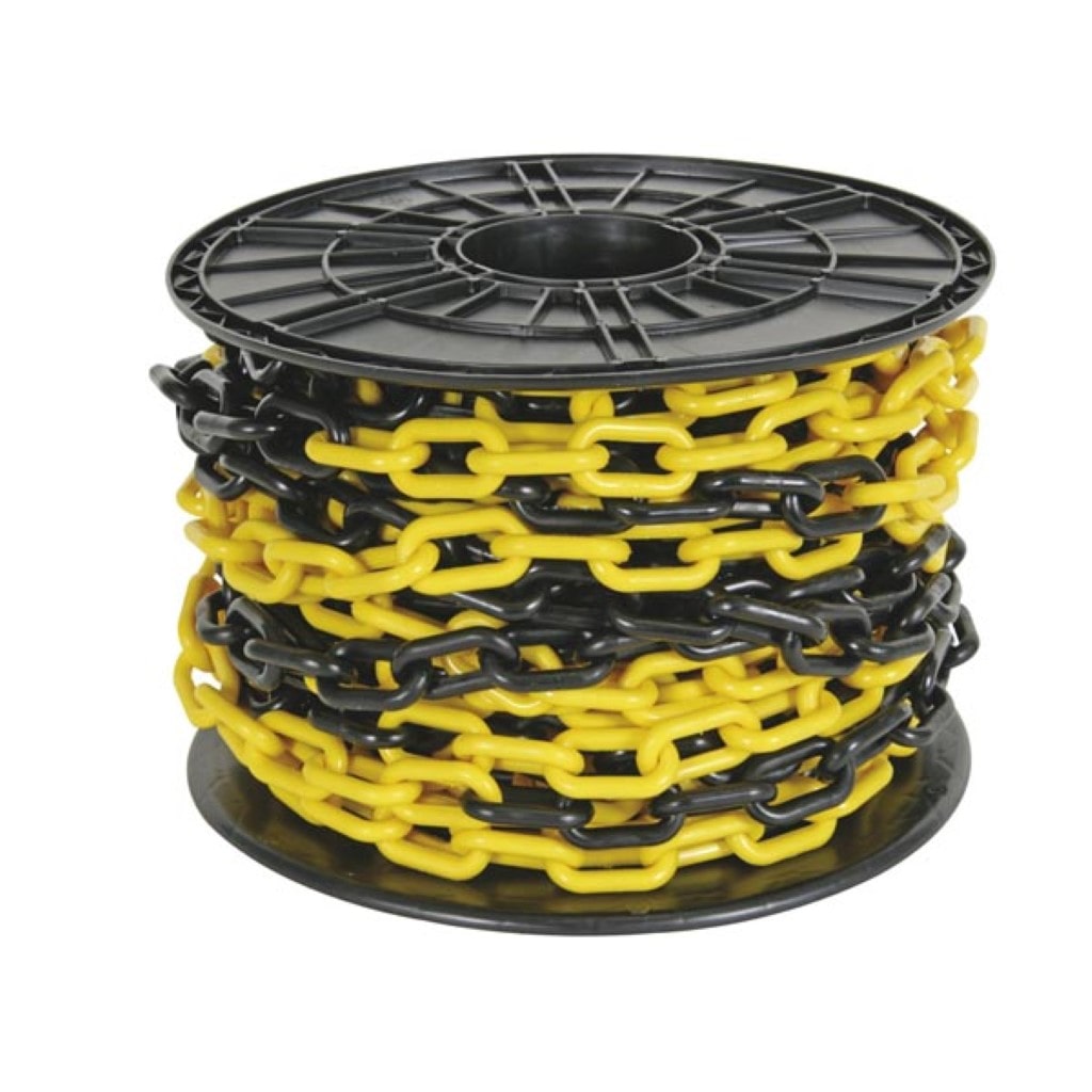 Cadena de marcado en rollos, para delimitar áreas peligrosas o acceso prohibido, uso interior y exterior, plástico, negro/amarillo, 25 m, 8 mm.