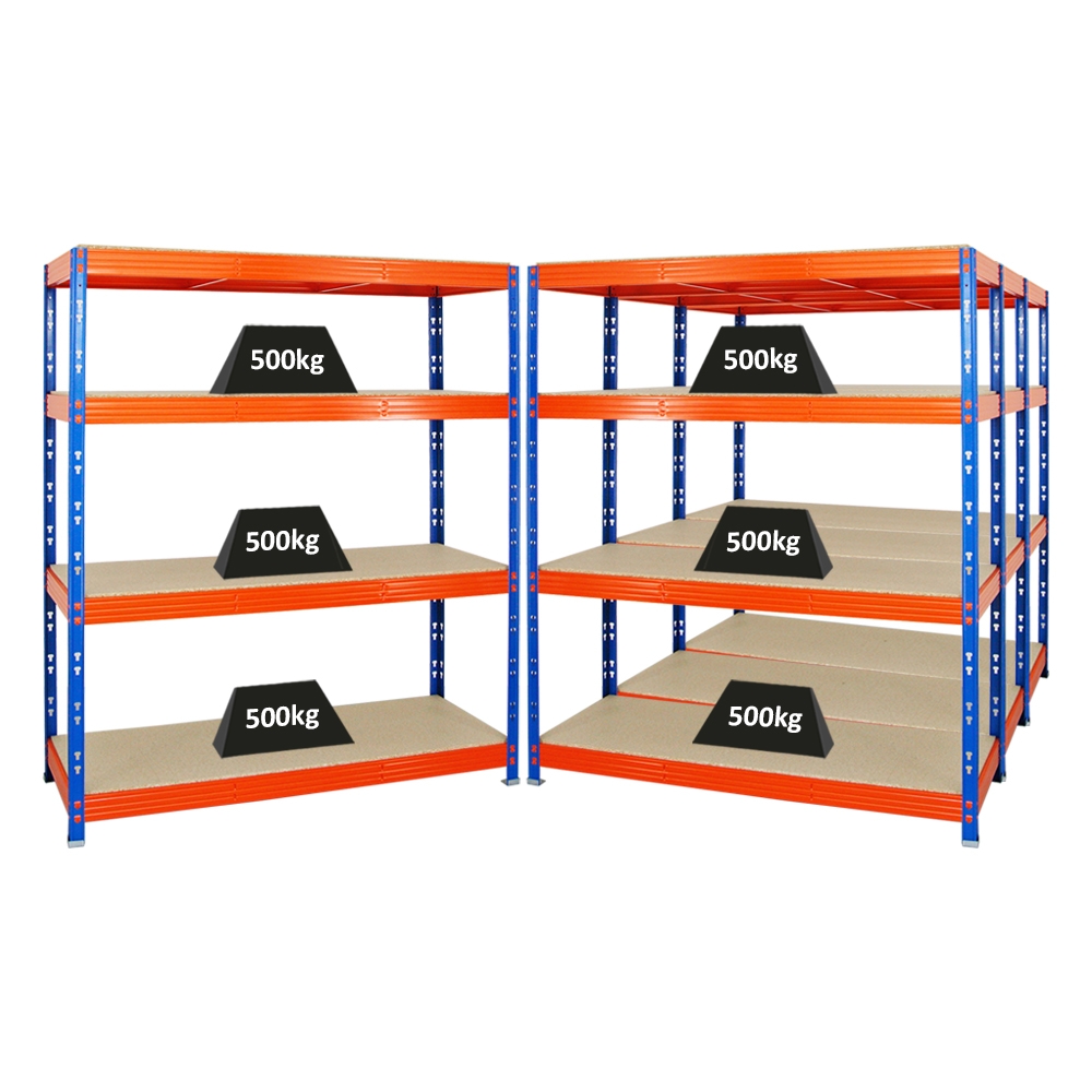 PROREGAL Mega Deal 4x Profi Schwerlastregal Rhino | HxBxT 180x160x60cm | 4 Spanplatten-Ebenen 16mm | Fachlast 500kg | Blau-Orange