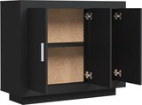 Ein schwarzer Schrank mit offenen Türen.