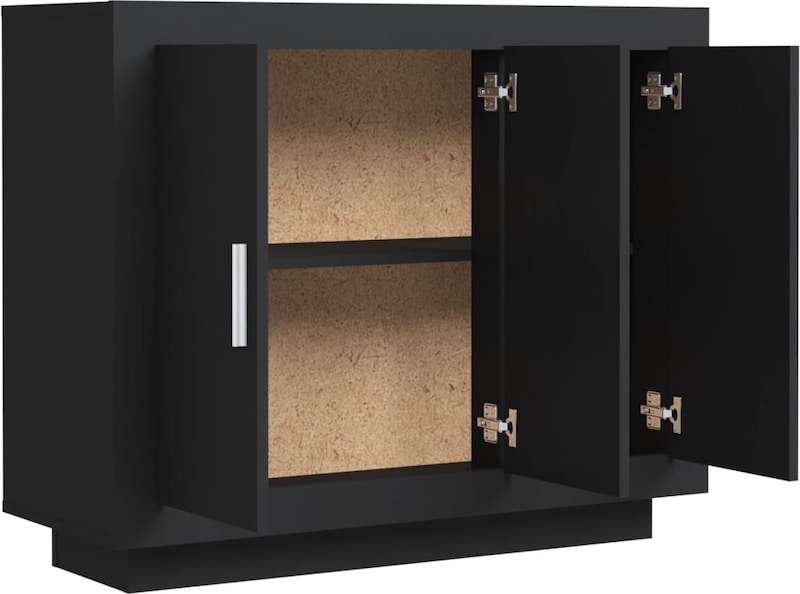 Ein schwarzer Schrank mit offenen Türen.