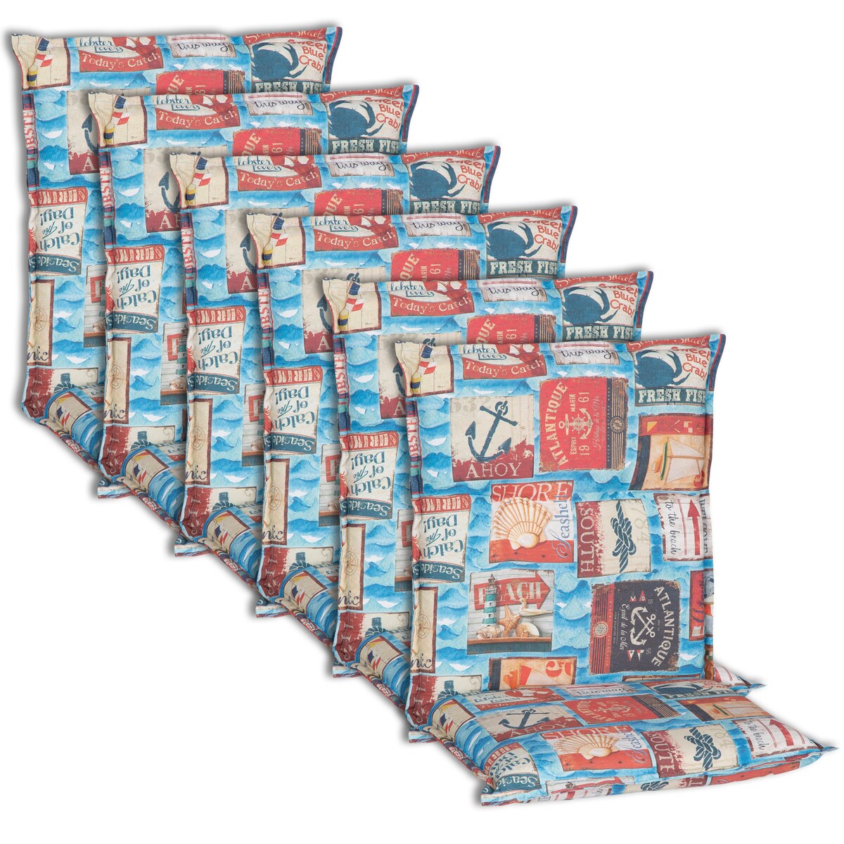 NYVI Niedriglehner Auflagen Piemont - Polsterauflage mit Halteband & Bindebändern Größe:6x Niedriglehnerauflage,Dessin:Maritimes Design BE135