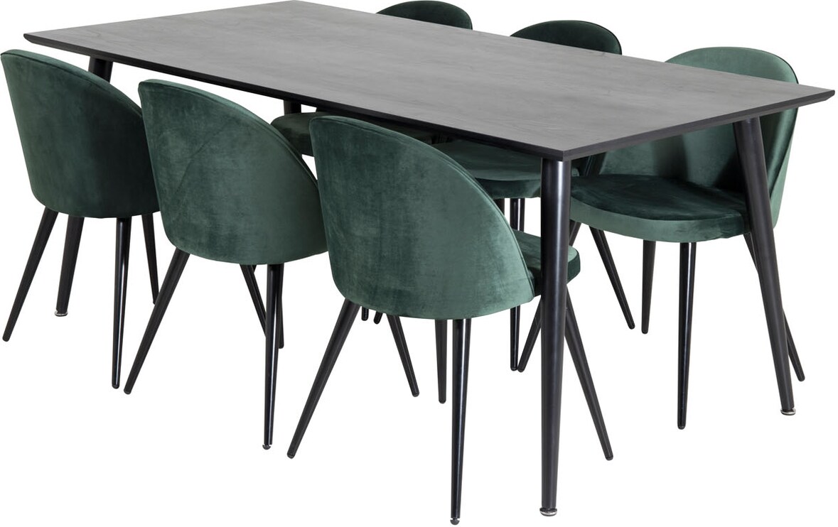 Dipp180x90BLBL Essgruppe Esstisch schwarz und 6 Velvet Esszimmerstühle Velour grün, schwarz.