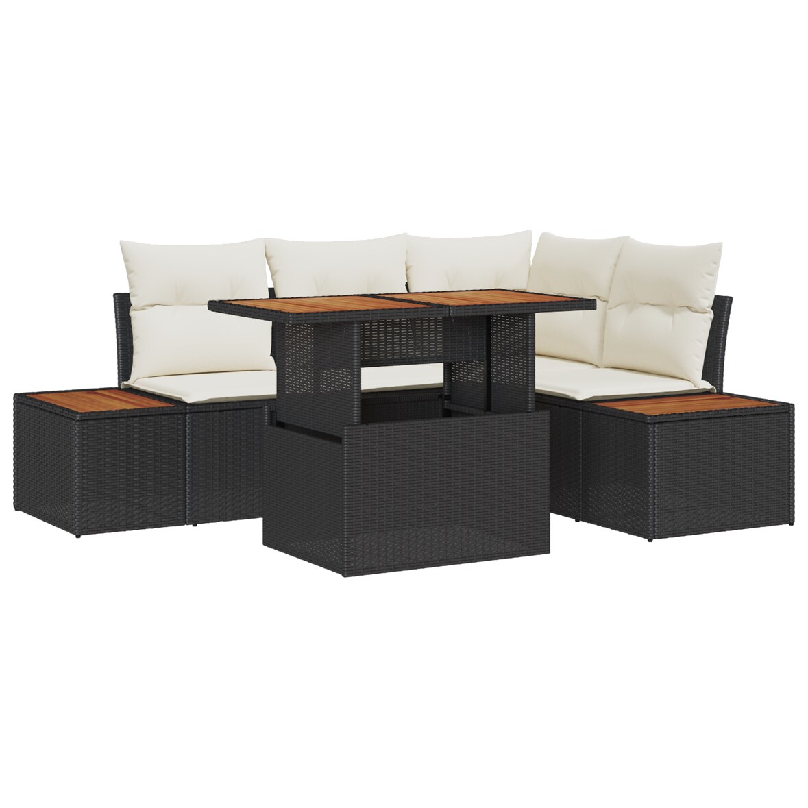vidaXL 5-teiliges Garten-Esszimmer Set mit Kissen in Schwarz aus Poly Rattan und Akazie