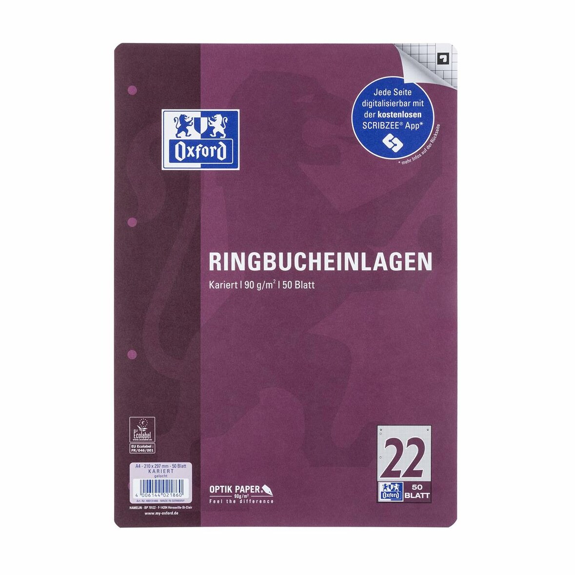 Oxford 400131466 Ringbucheinlage LIN22 - A4, kariert, 90g/qm, 4-fach gelocht, 50 Blatt