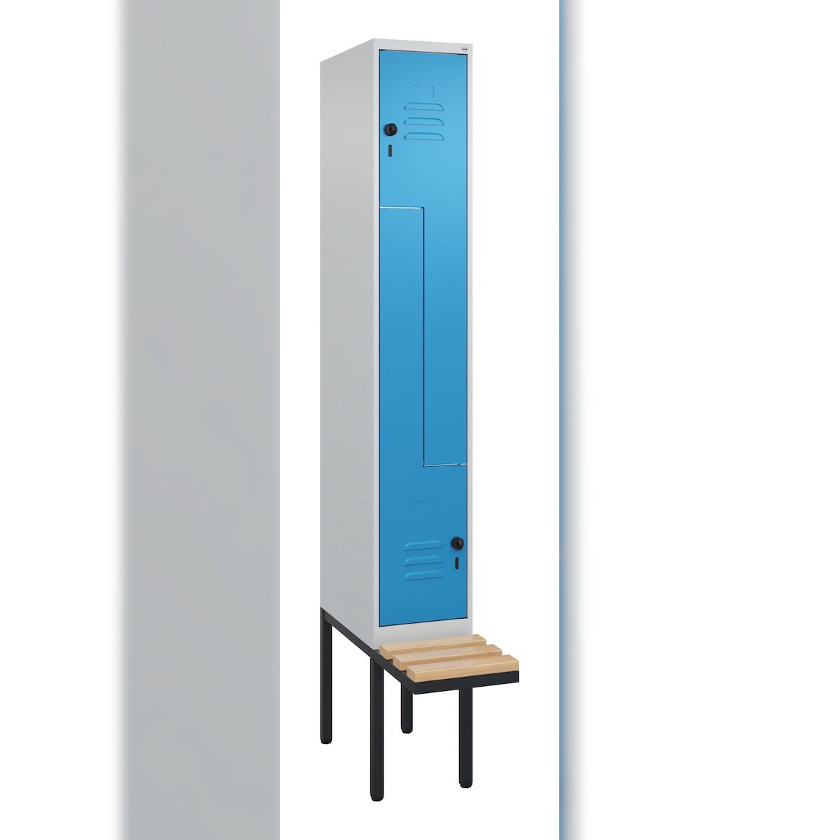 C+P Z-Spind Classic PLUS, schwebender Sitzbank aus Buche 8 Abteile, HxBxT 212x120x82cm, Zylinderschloss, Anthrazit/Hellgrau von PROREGAL
