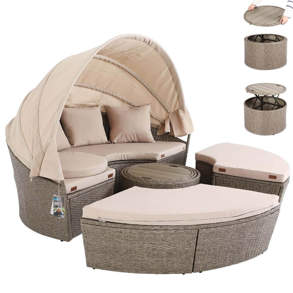 CASARIA® Polyrattan Sonneninsel Sonnenliege mit Faltbarem Dach Beige Grau