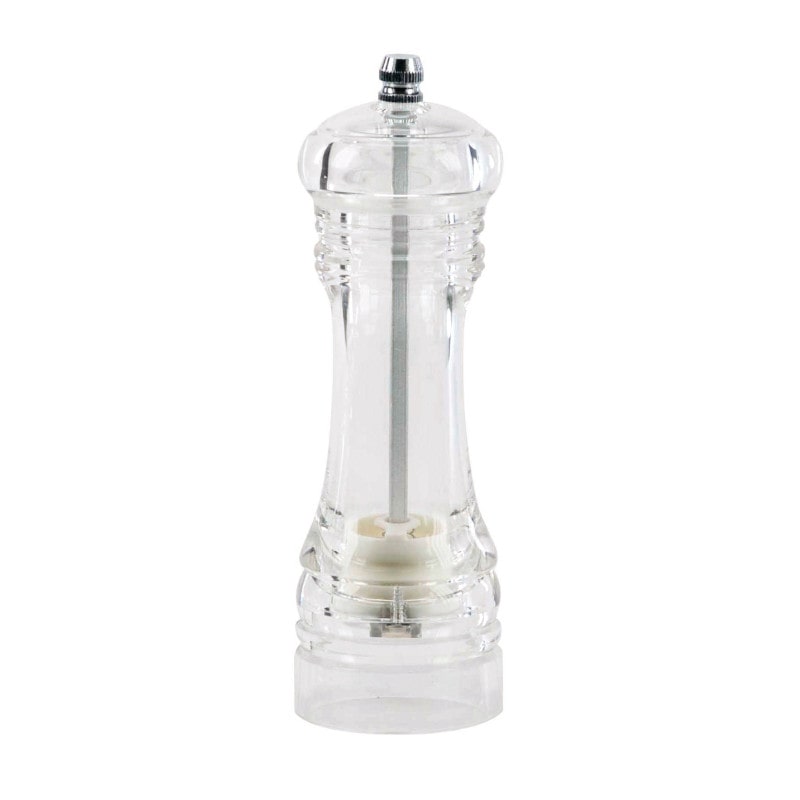 Transparante acryl zout- en pepermolen, 15 cm, met keramische maalschijven.