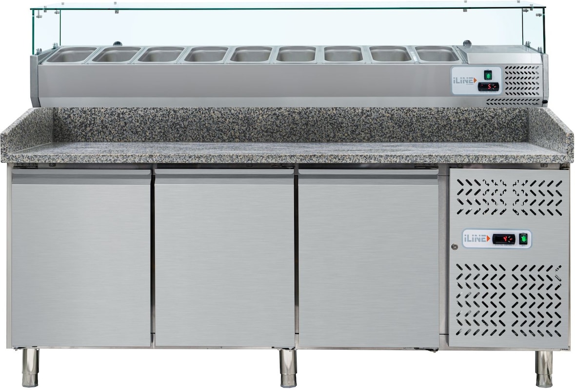 PrismaFood DB3600TN Pizza-Kühltisch 3 Türen + Kühlvitrine, Granitplatte, Edelstahl, Temp. Tisch -2/+8°C, Vitrine +2/+8°C